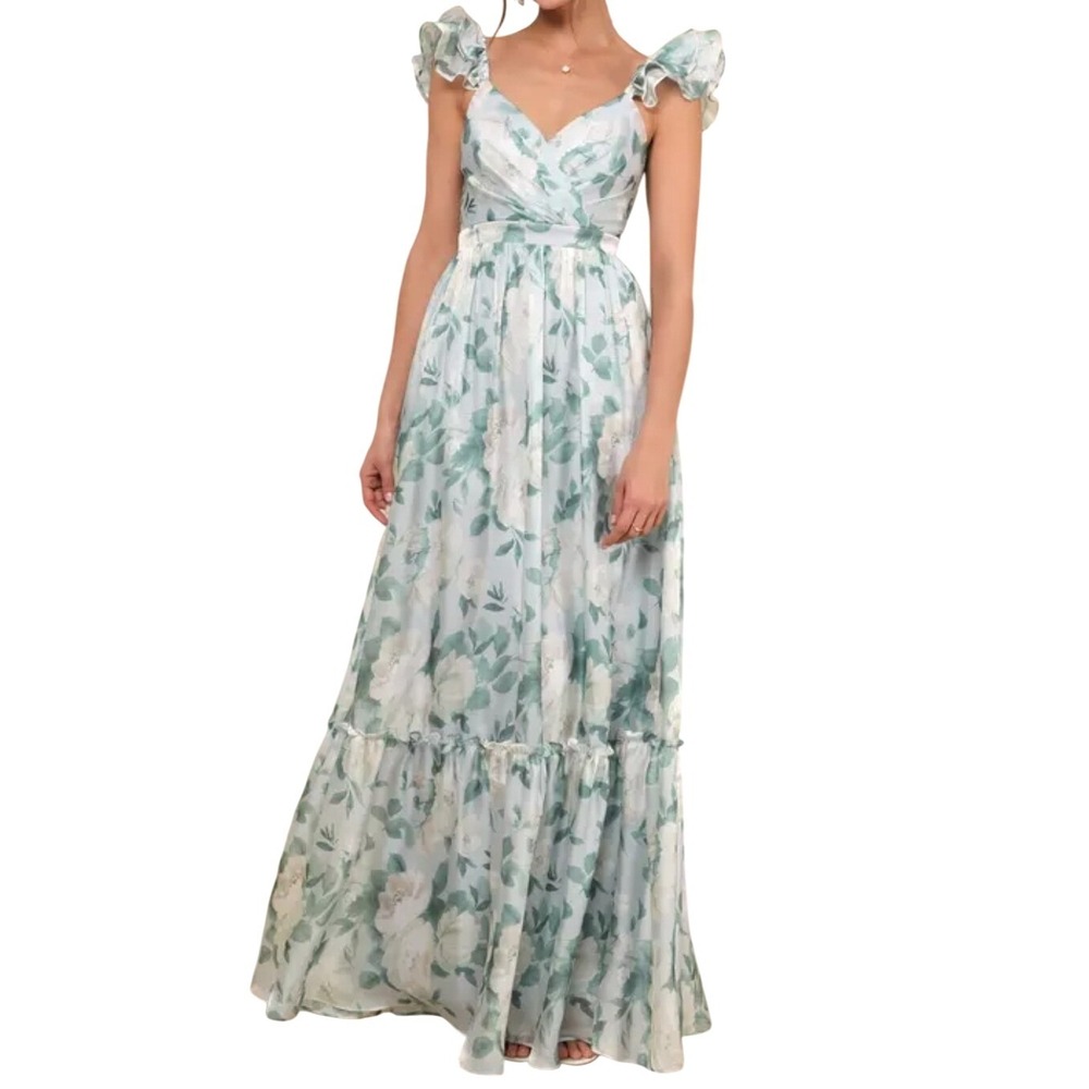 NWT Lulus Soiree Perfection Light Blue Floral Ruffled Tiered Maxi Dress S Formal